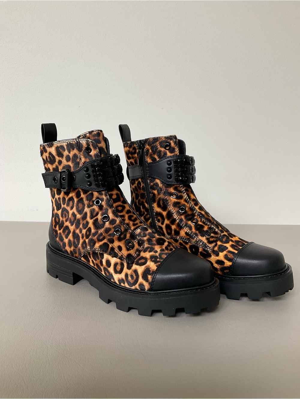 Karl Lagerfeld, NWBox! Leather, Brown & Black, Leopard Print, Combat Boots